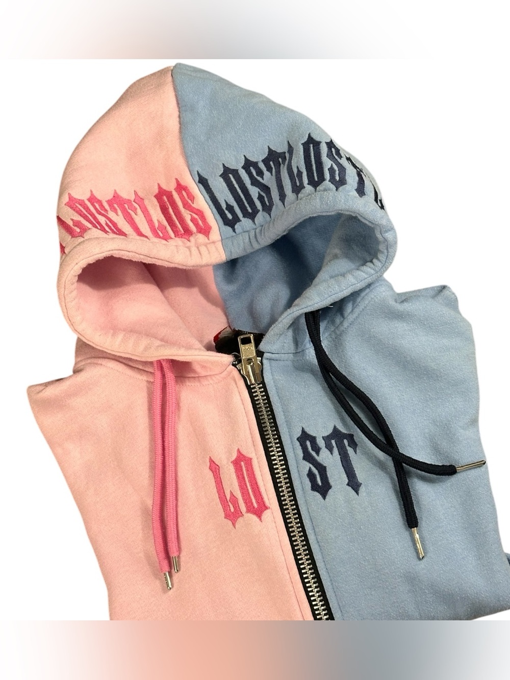 Two Tone Zip Hoodie XS Pink & Blue Gothic Y2K Streetwear